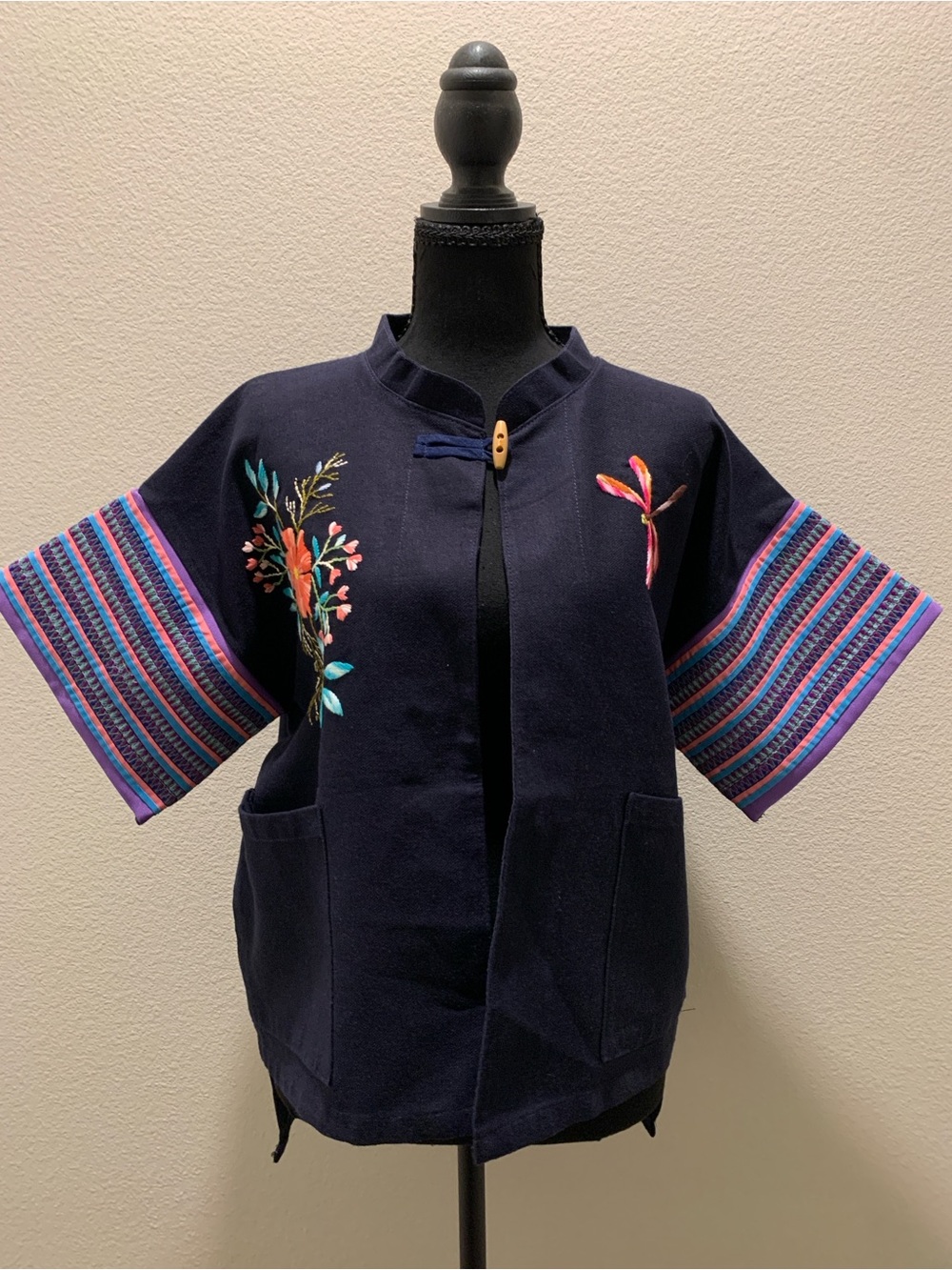 Modern Thai Hmong Style Embroidered Cotton Jacket Mandarin Collar Navy (Size S)